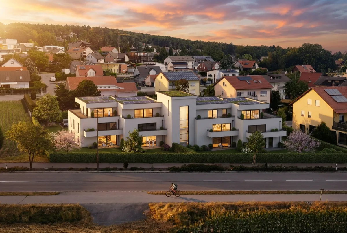 KfW 40 Neubau Schwandorf-Kronstetten bei Sonnenuntergang