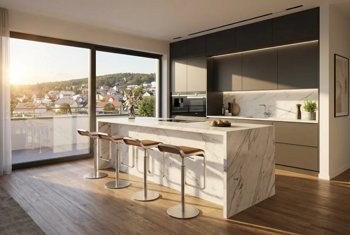 Penthouse-Küche mit Marmortresen